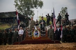 U.S. Navy Adm. Harry Harris, commander, U.S. Pacific Command, and Gen. Thanchaiyan Srisuwan, Chief of Defense Forces in Thailand, and U.S. Ambassador to Thailand Glyn Davies, address the troops after a combined arms live fire exercise during Exercise Cobra Gold 18