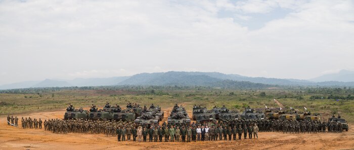 U.S. Navy Adm. Harry Harris, commander, U.S. Pacific Command, Gen. Thanchaiyan Srisuwan, Chief of Defense Forces in Thailand, and U.S. Ambassador to Thailand Glyn Davies, along with other officials, pose for a group photo after a combined arms live fire exercise during Exercise Cobra Gold 18