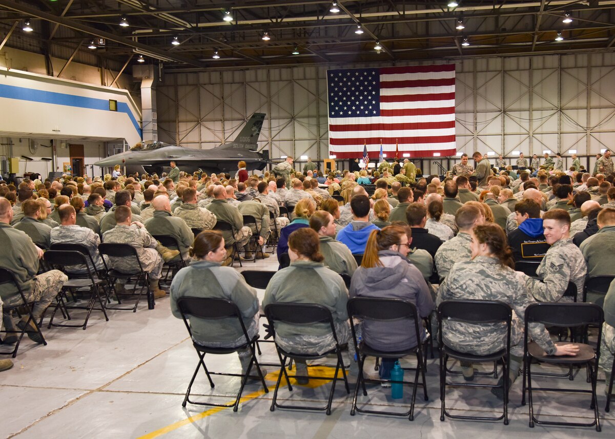 More than 1200 Airmen and their families packed a 114th Fighter Wing hangar during a welcome home ceremony March 4, 2018 at Joe Foss Field.