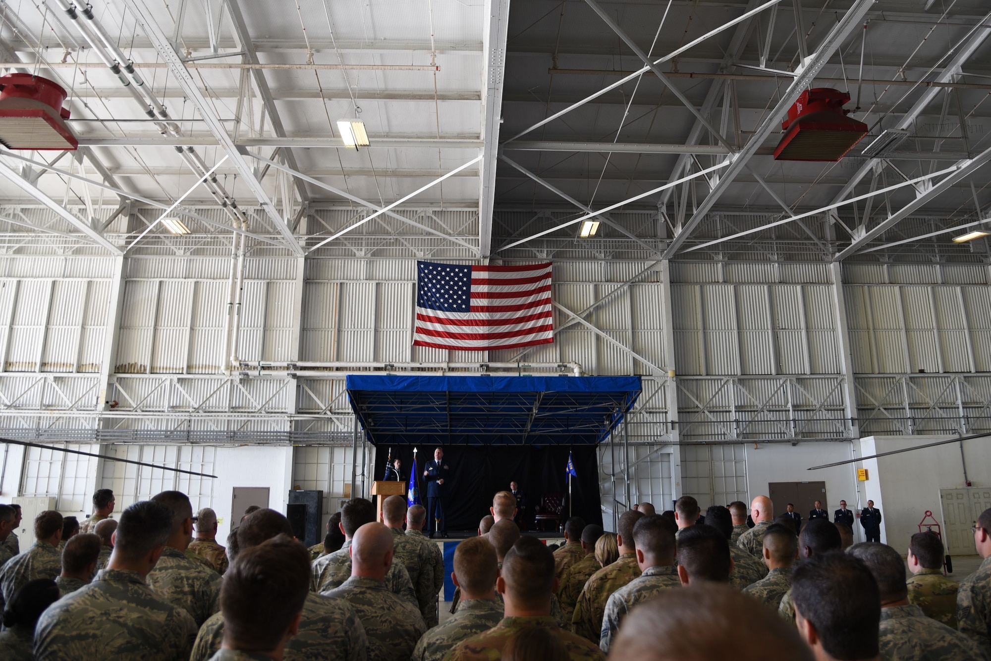 Reserve Citizen Airmen with the 920th Maintenance Group attend their new commanding officer’s change of command ceremony at Patrick, Air Force Base, Florida, March 3. The unit is tasked with maintaining rescue aircraft assigned to the 920th Rescue Wing. (U.S. Air Force photo by Senior Airman Brandon Kalloo Sanes)