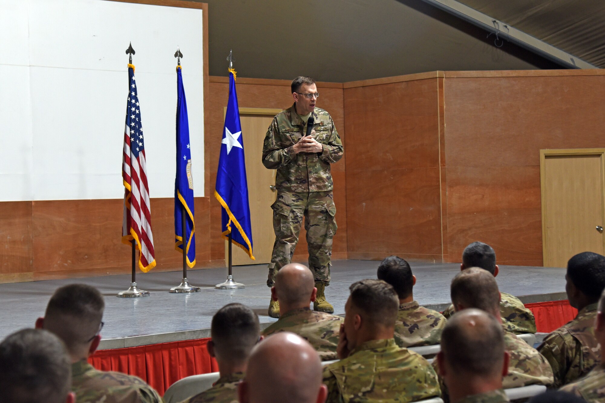 U.S. Air Force Maj. Gen. Timothy Green, Director of Civil Engineers, speaks during a commander’s call at an undisclosed location Feb. 28. Green talked about the general state of civil engineers and answered a few questions. (U.S. Air Force photo by Staff Sgt. Joshua Edwards/Released)