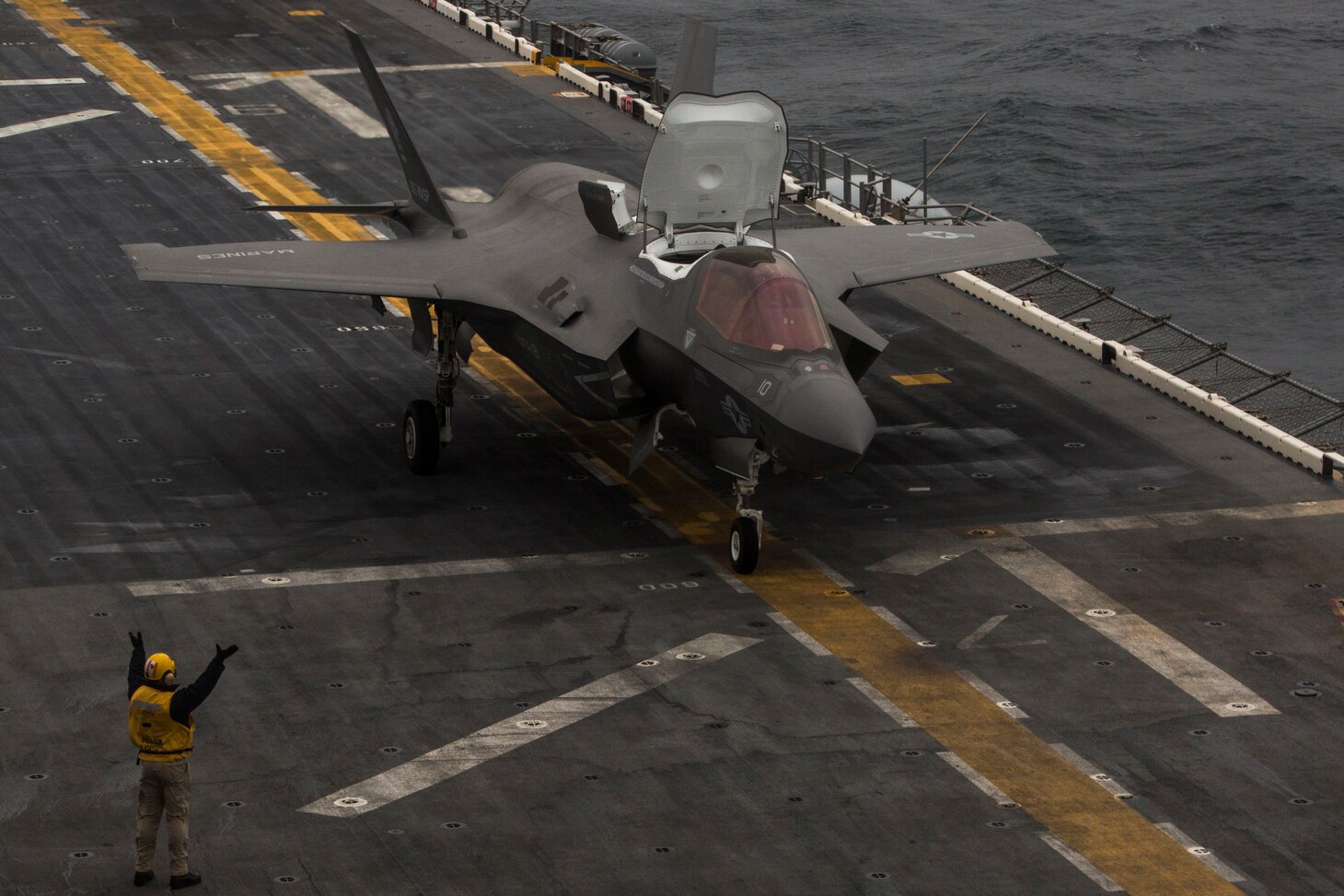 An F-35B Lightning II touches down on the USS Wasp (LHD-1), marking the F-35B’s first operational deployment with a Marine Expeditionary Unit, March 5, 2018.  Marine Fighter Attack Squadron 121 embarked a detachment of F-35Bs on the USS Wasp for the 31st Marine Expeditionary Unit’s Spring Patrol 2018.  As the Marine Corps' only continuously forward-deployed MEU, the 31st MEU provides a flexible force ready to perform a wide range of military operations.