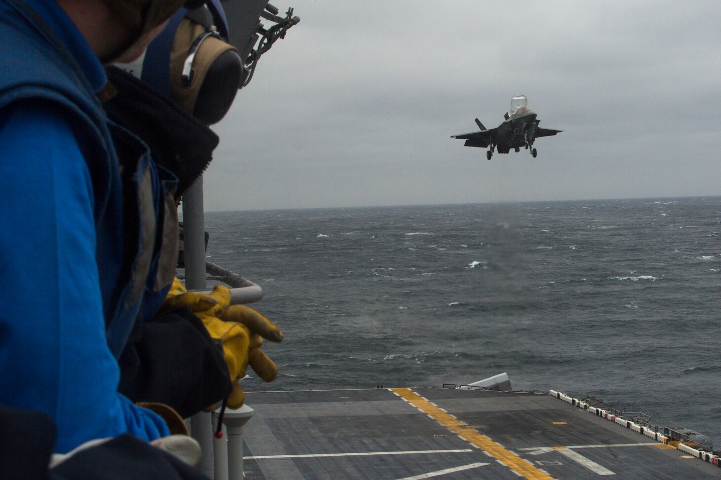 An F-35B Lighitng II performs deck landing qualifications on the USS Wasp (LHD-1), March 5, 2018. Marine Fighter Attack Squadron 121 embarked a detachment of F-35Bs on the USS Wasp for the 31st Marine Expeditionary Unit’s Spring Patrol 2018, marking the first operational deployment of the F-35B with a MEU. As the Marine Corps' only continuously forward-deployed MEU, the 31st MEU provides a flexible force ready to perform a wide range of military operations.