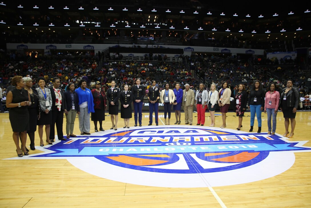The Central Intercollegiate Athletic Association (CIAA) recognized the sacrifices and successes of 100 years of women in the United States Marine Corps during the men’s semifinals of the CIAA Basketball Tournament at the Spectrum Center in Charlotte, March 2. During the tournament, the CIAA took time to recognize the contributions and successes of 100 years of women in the Marine Corps with a presentation during the men's semifinals. The CIAA Basketball Tournament is scheduled for Feb. 27 to March 3, 2018 in Charlotte. (U.S. Marine Corps photo by Sgt. Courtney G. White)