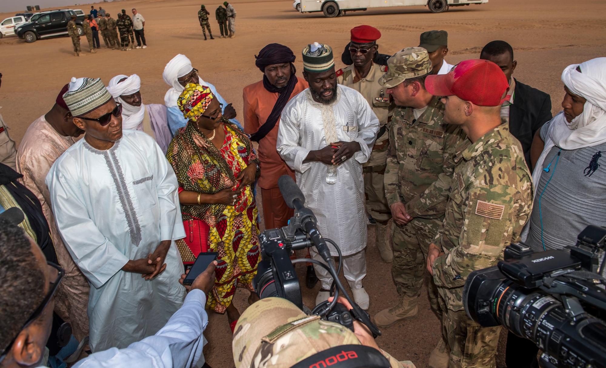 Agadez civic leaders answer questions from the local media with commanders of the Forces Armées Nigeriennes and U.S. Air Force squadron commanders from the 409th Air Expeditionary Group Feb. 21, 2018, at Nigerien Air Base 201, Niger.  The purpose of the media visit was to showcase the interoperability and joint partnership between the U.S. Air Force and Niger. (U.S. Air Force photo by Tech. Sgt. Nick Wilson)