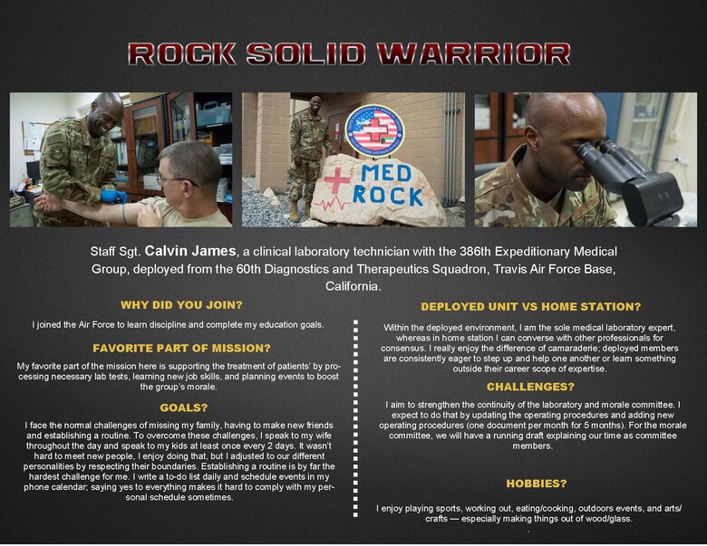 The Rock Solid Warrior program is a way to recognize and spotlight the Airmen of the 386th Air Expeditionary Wing for their positive impact and commitment to the mission.