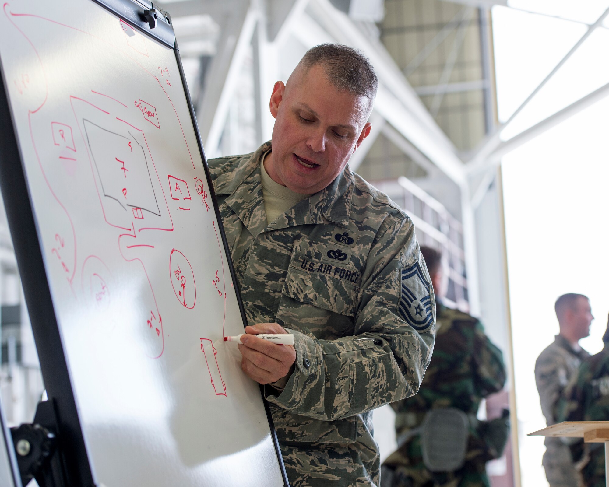U.S. Air Force Senior Master Sgt. Jon Pieters, right, manager with the 133rd Civil Engineer Squadron, teaches a class on post attack reconnaissance sweeps in St. Paul, Minn., Feb. 24, 2018.