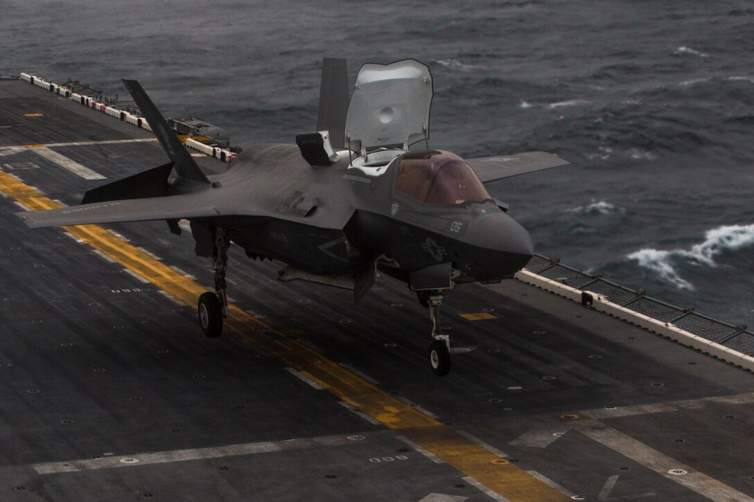 An F-35B Lightning II touches down on the USS Wasp (LHD-1), marking the F-35B’s first operational deployment with a Marine Expeditionary Unit, March 5, 2018.  Marine Fighter Attack Squadron 121 embarked a detachment of F-35Bs on the USS Wasp for the 31st Marine Expeditionary Unit’s Spring Patrol 2018.  As the Marine Corps' only continuously forward-deployed MEU, the 31st MEU provides a flexible force ready to perform a wide range of military operations.