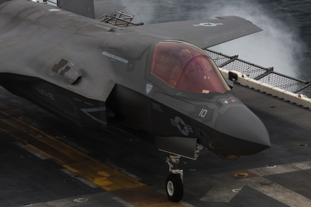 An F-35B Lighitng II performs deck landing qualifications on the USS Wasp (LHD-1), March 5, 2018. Marine Fighter Attack Squadron 121 embarked a detachment of F-35Bs on the USS Wasp for the 31st Marine Expeditionary Unit’s Spring Patrol 2018, marking the first operational deployment of the F-35B with a MEU. As the Marine Corps' only continuously forward-deployed MEU, the 31st MEU provides a flexible force ready to perform a wide range of military operations.