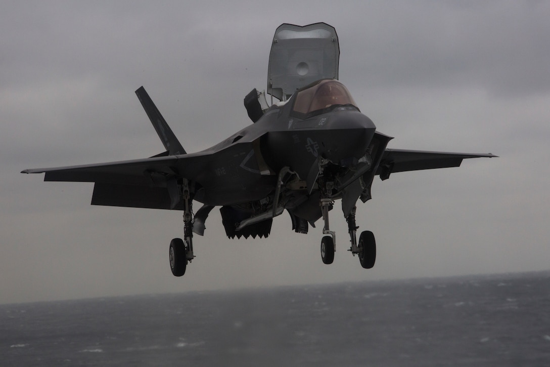 An F-35B Lighitng II performs deck landing qualifications on the USS Wasp (LHD-1), March 5, 2018. Marine Fighter Attack Squadron 121 embarked a detachment of F-35Bs on the USS Wasp for the 31st Marine Expeditionary Unit’s Spring Patrol 2018, marking the first operational deployment of the F-35B with a MEU. As the Marine Corps' only continuously forward-deployed MEU, the 31st MEU provides a flexible force ready to perform a wide range of military operations.