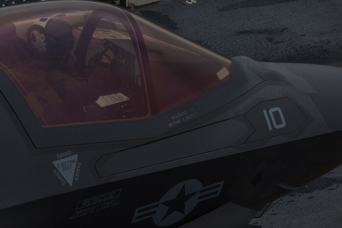 An F-35B Lighitng II performs deck landing qualifications on the USS Wasp (LHD-1), March 5, 2018. Marine Fighter Attack Squadron 121 embarked a detachment of F-35Bs on the USS Wasp for the 31st Marine Expeditionary Unit’s Spring Patrol 2018, marking the first operational deployment of the F-35B with a MEU. As the Marine Corps' only continuously forward-deployed MEU, the 31st MEU provides a flexible force ready to perform a wide range of military operations.