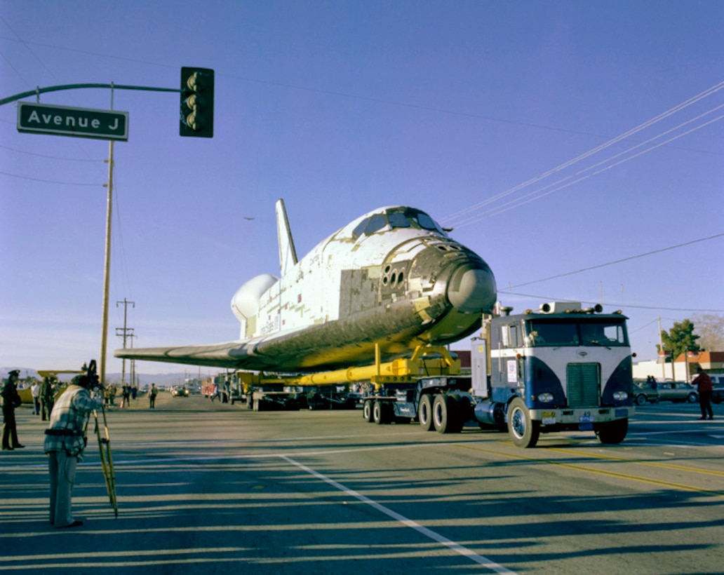 Space Shuttle Columbia (OV-102) ground transport from Palmdale, California, to Edwards Air Force Base. (NASA photo)