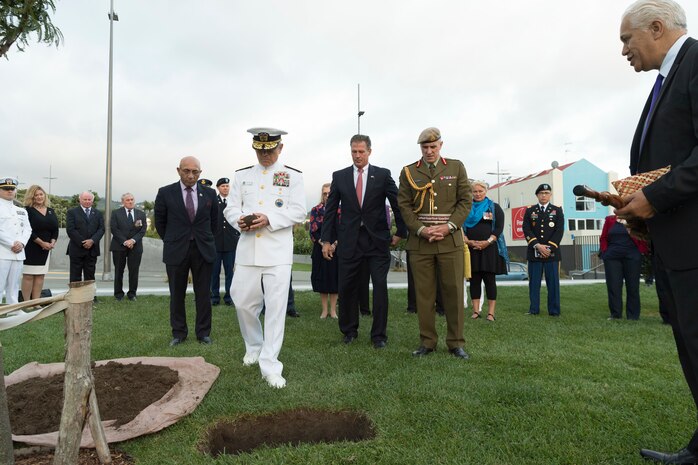 Adm. Harry Harris, Commander, U.S. Pacific Command, lays a stone from Pearl Harbor, Hawaii at the Pukeahu National War Memorial in Wellington, New Zealand, March 5, 2018.