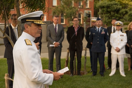 Adm. Harry Harris, Commander, U.S. Pacific Command, speaks about the enduring partnership between New Zealand and the United States during a mauri stone ceremony at the Pukeahu National War Memorial.