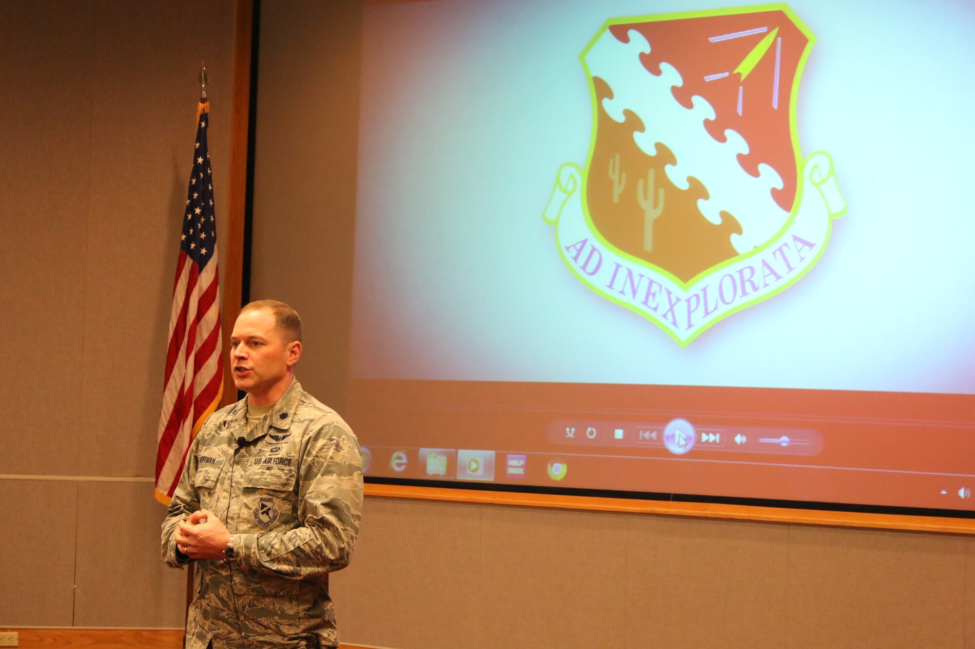 Flight Systems Combined Test Force Director Lt. Col. David Hoffman speaks with CTF personnel during a recent session to discuss safety and security issues. CTF operations were stood down on Feb. 5 for safety and security discussions.