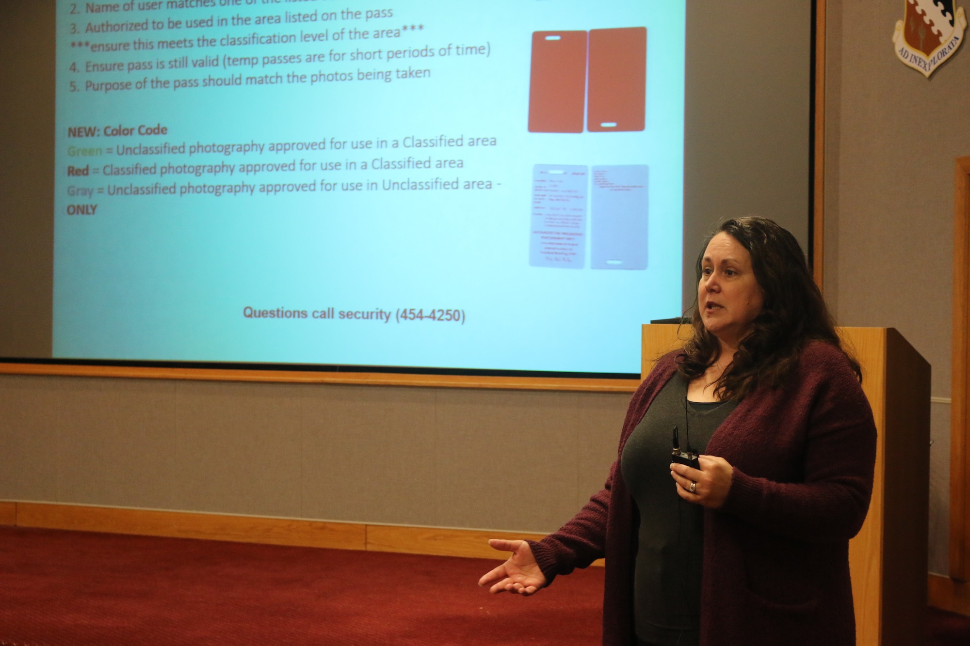 Tamalena Breiding, facility security officer with Facility Support Services contract, speaks about security procedures with Flight Systems CTF personnel during a Feb. 5 session. CTF operations were stood down on that date for safety and security discussions.