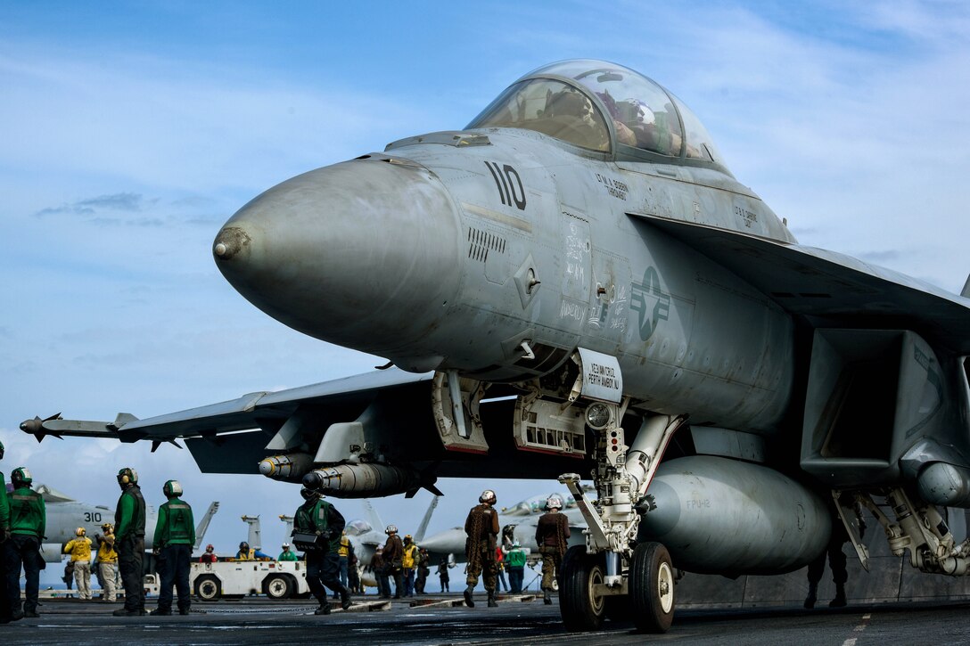 An F/A-18F Super Hornet prepares for takeoff.