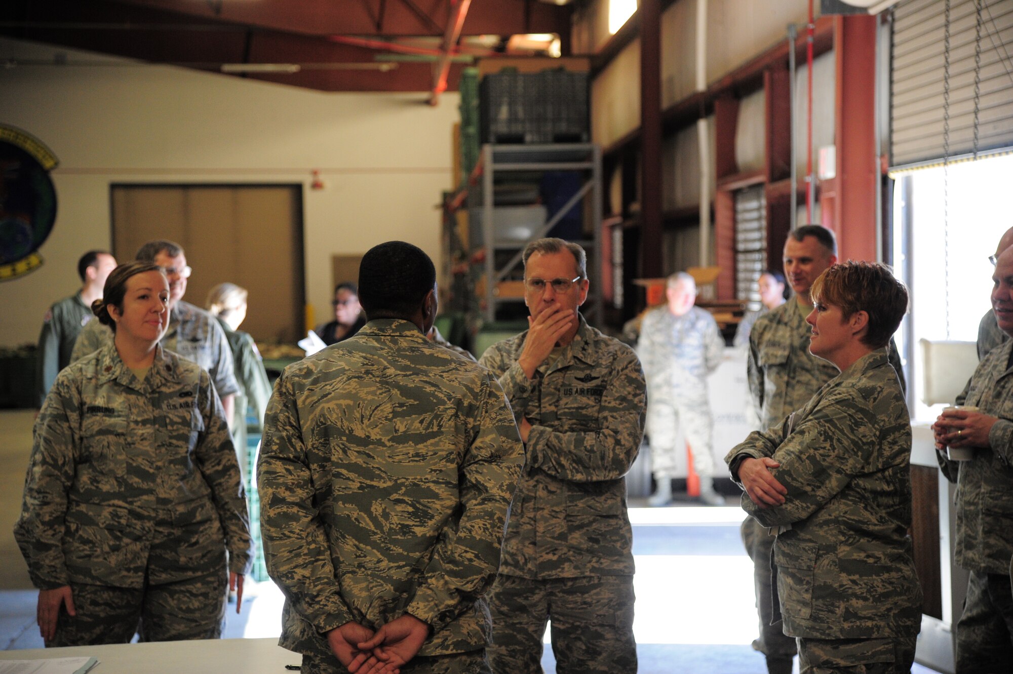 Maj. Gen. Randall A. Ogden, Fourth Air Force commander, meets with Airman Charles Williamson, material management apprentice with the 315th Airlift Wing Logistical Readiness Squadron, during his first visit to Joint Base Charleston, S.C., March 2, 2018. Ogden visited several squadrons during his visit to meet with the Airmen and talk innovation and progress in today's Air Force (U.S. Air Force photo by SrA Jonathan Lane).
