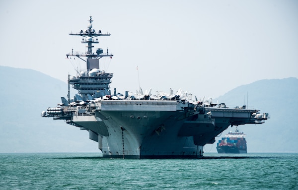 The aircraft carrier USS Carl Vinson arrives in Danang, Vietnam.