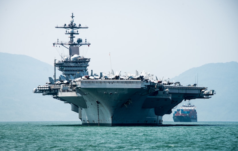 The aircraft carrier USS Carl Vinson arrives in Danang, Vietnam.