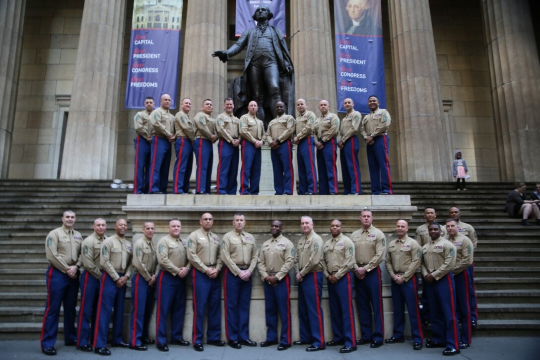 NEW YORK CITY – Senior Enlisted Career Recruiters (Gray Beards) with Marine Corps Recruiting Command (MCRC) pose for a photo in front of Federal Hall during the National 8412 Gray Beards Symposium in New York City, Feb. 21. Marine Corps Recruiting Command (MCRC) conducts annual training to assure the continued professional development of the recruiting force. Part of a Gray Beards’ role is to observe, diagnose, and identify what is needed to help the recruiting force achieve peak total force recruiting performance. (U.S. Marine Corps photo by Sgt. Paul T. Williams III)

https://www.dvidshub.net/image/4187739/gray-beards-sign-newly-created-8412-constitution