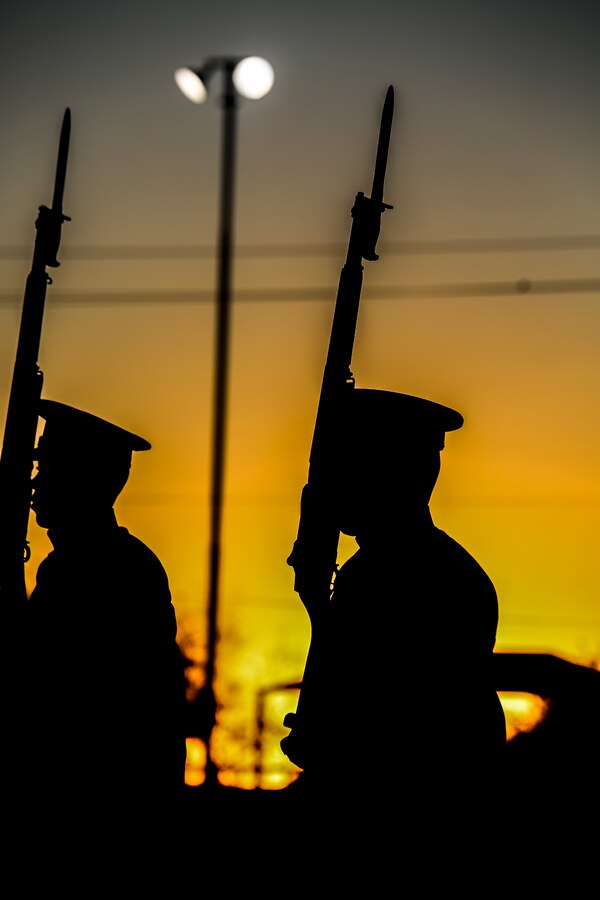 Marines with the U.S. Marine Corps Silent Drill Platoon march in formation during the annual Battle Color Detachment training evolution at Marine Corps Air Station Yuma, Az., Feb. 22, 2018. The BCD consists of the Silent Drill Platoon, “The Commandant’s Own,” the United States Marine Drum & Bugle Corps and the Marine Corps Color Guard. The BCD conducts this training in order to refine and reform drill movements and performances for this upcoming West Coast Tour and 2018 parade season. (Official Marine Corps photo by Cpl. Damon A. Mclean/Released)