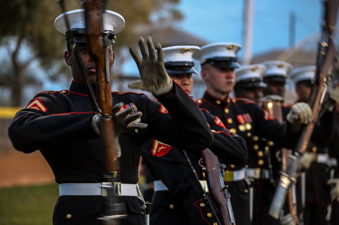 Marines with the U.S. Marine Corps Silent Drill Platoon execute their long line sequence during the annual Battle Color Detachment training evolution at Marine Corps Air Station Yuma, Az., Feb. 21, 2018. The BCD consists of the Silent Drill Platoon, “The Commandant’s Own,” the United States Marine Drum & Bugle Corps and the Marine Corps Color Guard. The BCD conducts this training in order to refine and reform drill movements and performances for this upcoming West Coast Tour and 2018 parade season. (Official Marine Corps photo by Cpl. Damon A. Mclean/Released)