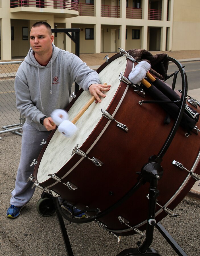 A Marine percussionist with “The Commandant’s Own,” U.S. Marine Drum & Bugle Corps, practices from his sheet music during the annual Battle Color Detachment training evolution at Marine Corps Air Station Yuma, Az., Feb. 14, 2018. The BCD consists of the Silent Drill Platoon, “The Commandant’s Own,” the United States Marine Drum & Bugle Corps and the Marine Corps Color Guard. The BCD conducts this training in order to refine and reform drill movements and performances for this upcoming West Coast Tour and 2018 parade season. (Official Marine Corps photo by Cpl. Damon Mclean/Released)