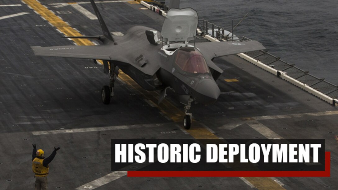 An F-35B Lighitng II performs deck landing qualifications on the USS Wasp (LHD-1), March 5, 2018. Marine Fighter Attack Squadron 121 embarked a detachment of F-35Bs on the USS Wasp for the 31st Marine Expeditionary Unit’s Spring Patrol 2018, marking the first operational deployment of the F-35B with a MEU. As the Marine Corps' only continuously forward-deployed MEU, the 31st MEU provides a flexible force ready to perform a wide range of military operations. (U.S. Marine Corps photo by Cpl. Bernadette Wildes)