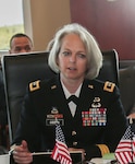 Maj. Gen. Karen H. Gibson, USCENTCOM Director of Intelligence, provides closing remarks during the Central and South Asia (CASA) Directors of Military Intelligence (DMI) conference Feb. 23, at U.S. Central Command headquarters. The conference supports USCENTCOM’s mission to “promote regional stability” and “improve partner nation capabilities and cooperation.” (Photo by Tom Gagnier)