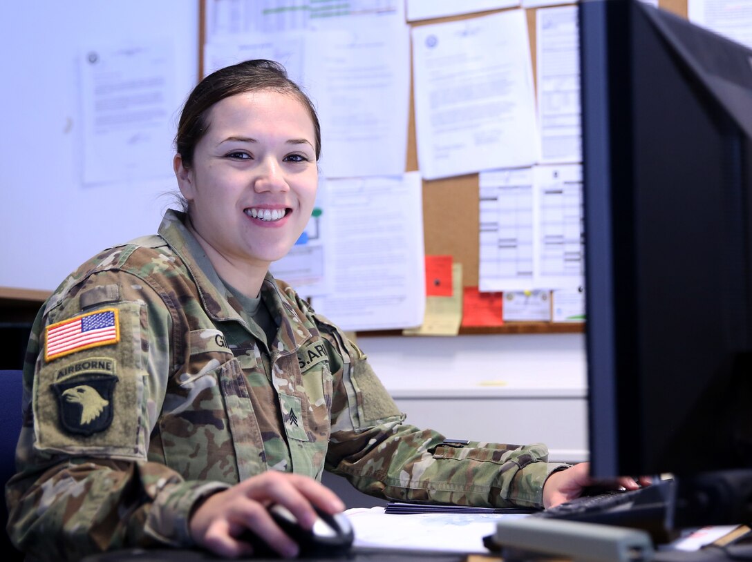 Army Sgt. Isabel Giron, a human resources specialist assigned to the Joint Multinational Readiness Center in Hohenfels, Germany, is responsible for providing support that affects soldiers’ overall welfare and well-being. Army photo by Staff Sgt. David Overson