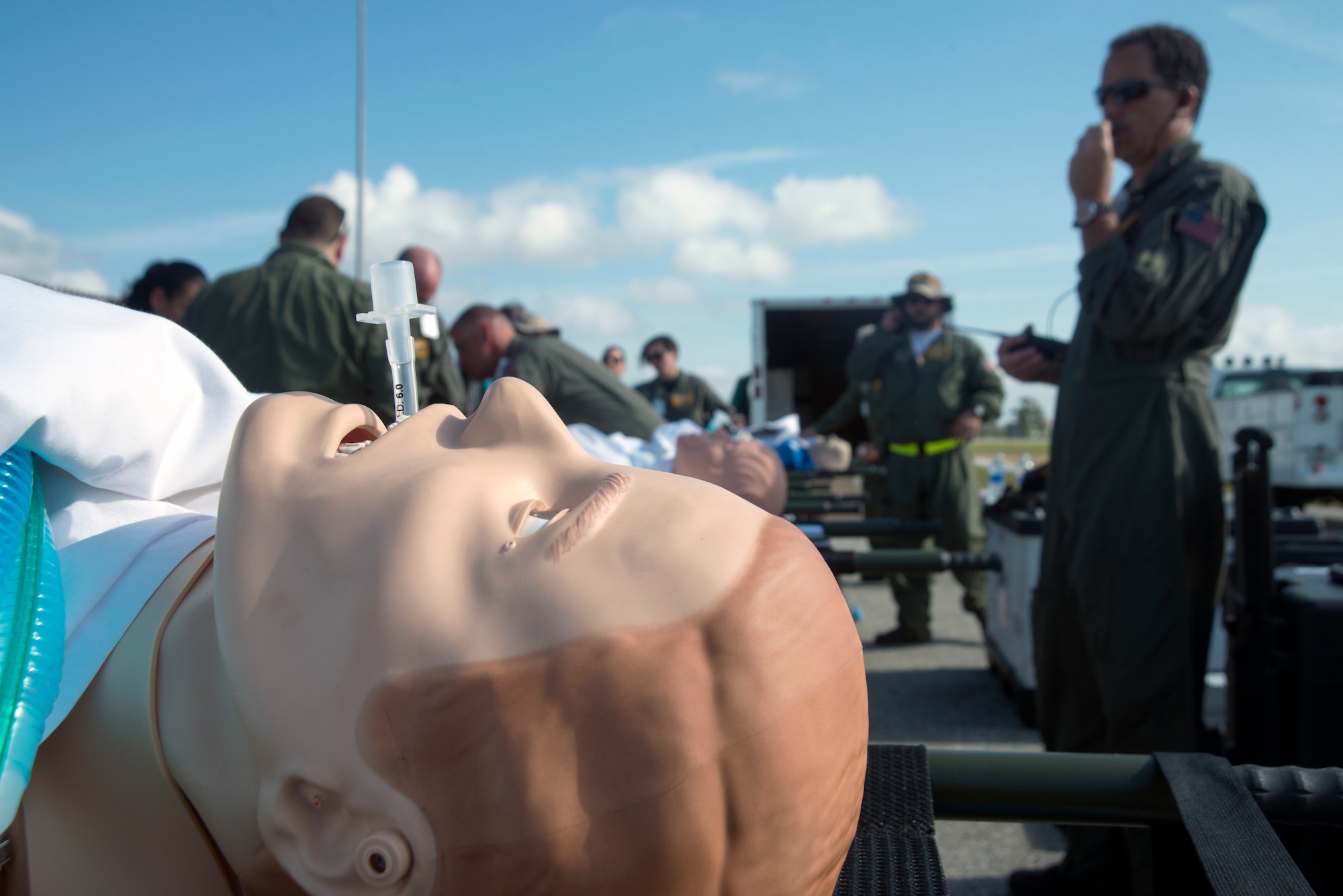 The Florida Advanced Surgical and Transportation (FAST) team simulates first aid care to patients at MacDill Air Force Base, Fla., Feb. 28, 2018.