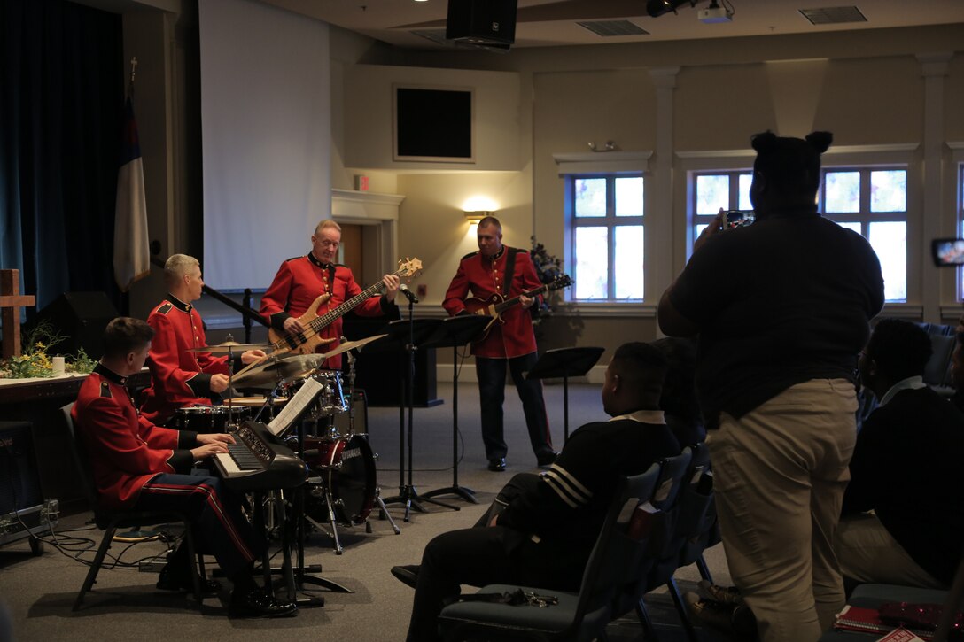 On March 5, 2018 a jazz combo from "The President's Own" U.S. Marine Band performed a Music in the High Schools program at Grace Brethren Christian School in Clinton, Md. (U.S. Marine Corps photo by Master Sgt. Kristin duBois/released)