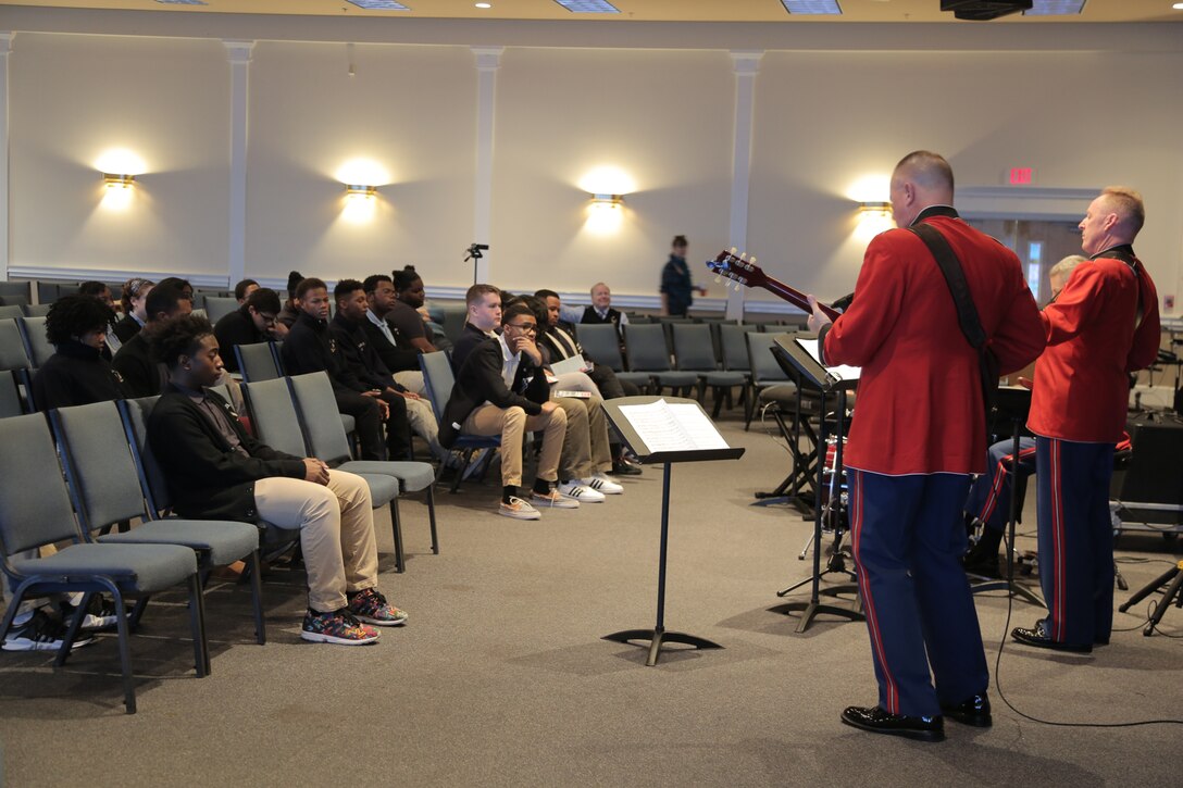 On March 5, 2018 a jazz combo from "The President's Own" U.S. Marine Band performed a Music in the High Schools program at Grace Brethren Christian School in Clinton, Md. (U.S. Marine Corps photo by Master Sgt. Kristin duBois/released)