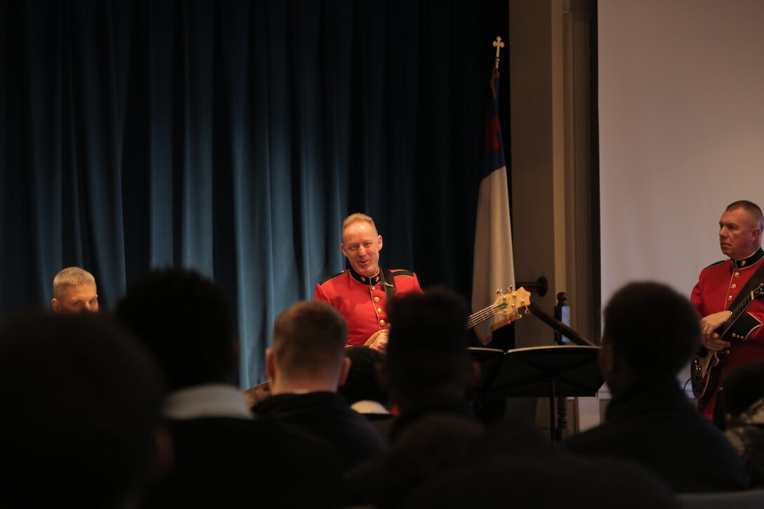 On March 5, 2018 a jazz combo from "The President's Own" U.S. Marine Band performed a Music in the High Schools program at Grace Brethren Christian School in Clinton, Md. (U.S. Marine Corps photo by Master Sgt. Kristin duBois/released)