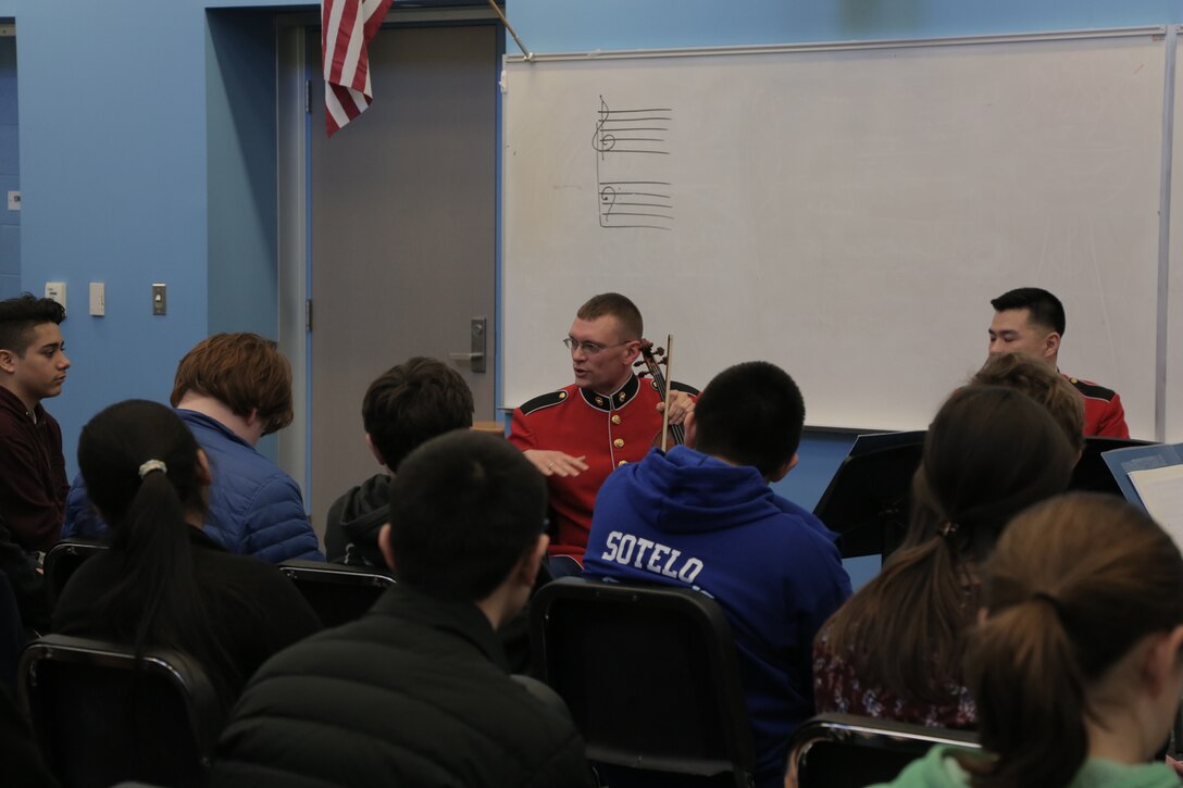 On March 5, 2018 a string quartet from "The President's Own" U.S. Marine Band performed a Music in the High Schools program at Yorktown High School in Arlington, Va. (U.S. Marine Corps photo by Master Sgt. Kristin duBois/released)