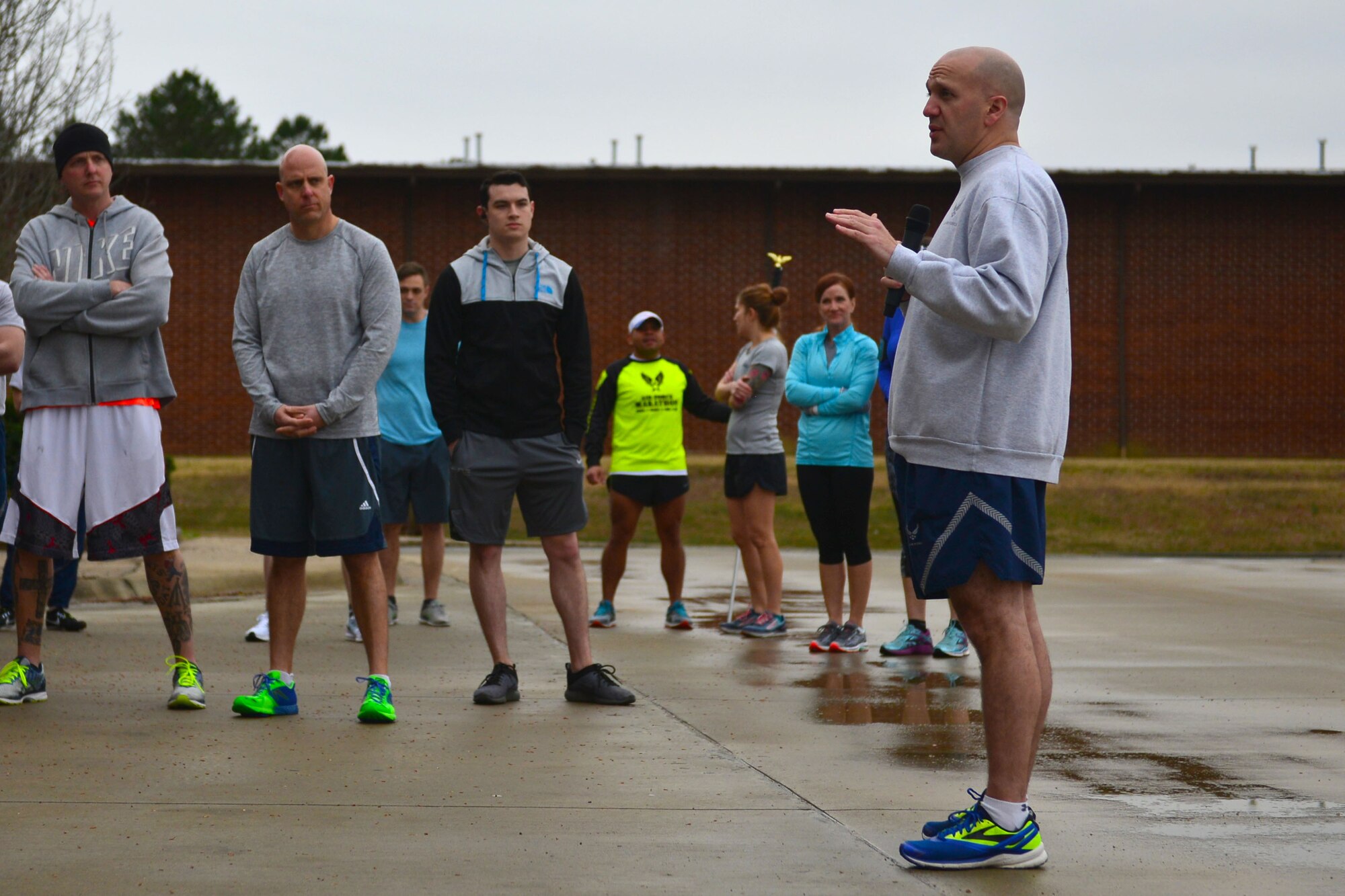 Col. Gerald Donohue kicks off a 5k by recognizing the important role women have played in history and in current times March 5, 2018 at little Rock Air Force Base, Ark.