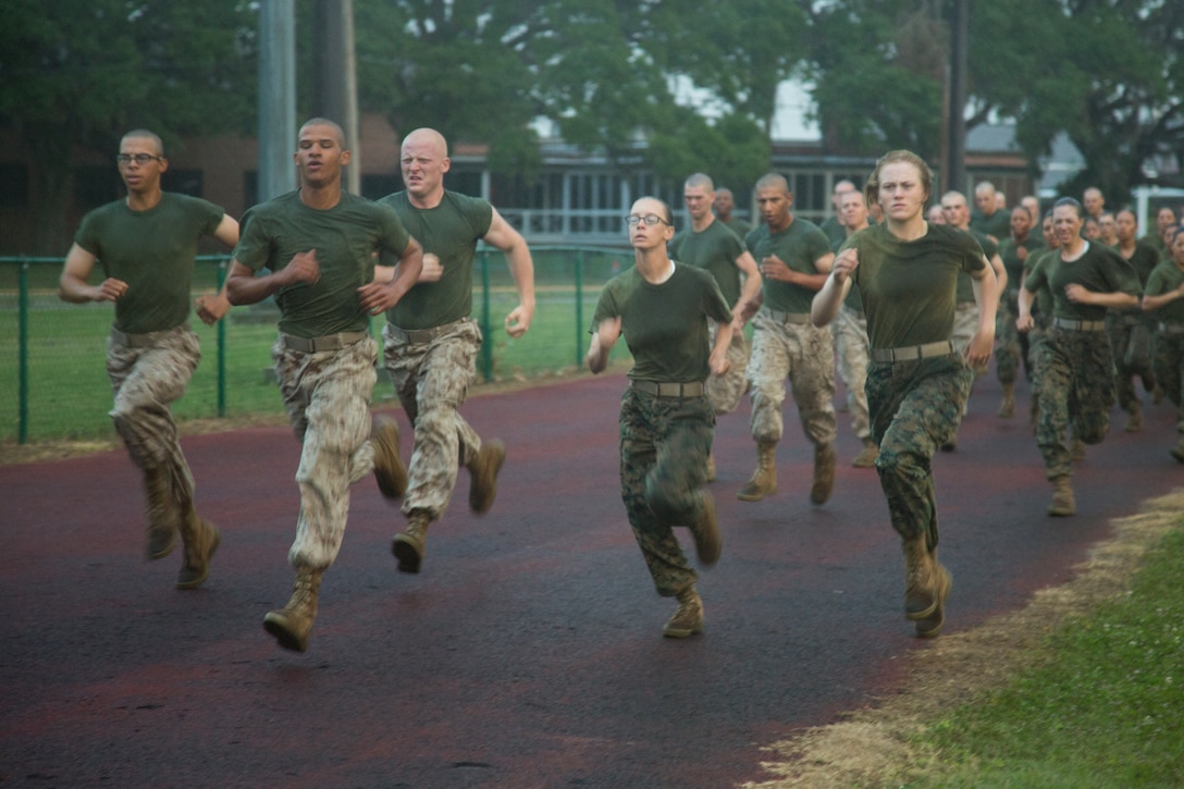 U.S. Marine Corps Recruits with Company O, 4th Battalion and Company G, 2nd Battalion run 880 meters, known as movement to contact, during the initial Combat Fitness Test (CFT) on Marine Corps Recruit Depot, Parris Island, S.C., May, 13, 2017.