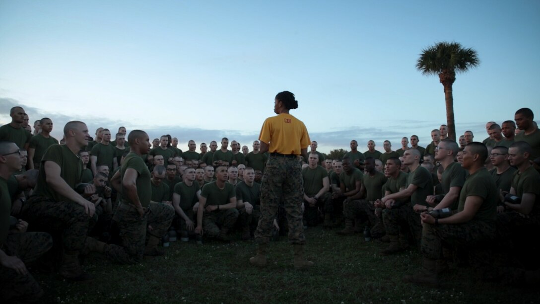 The new Marines of Hotel Company, 2nd Recruit Training Battalion, listen to a speech before competing in a field meet Feb. 24, 2018 on Parris Island, S.C.