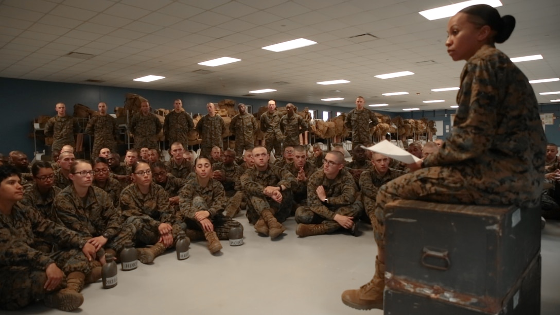 New Marines of Mike Company, 3rd Recruit Training Battalion, and Papa Company, 4th Recruit Training Battalion, discuss proper social media practices during a guided discussion Feb. 28, 2018, on Parris Island, S.C.