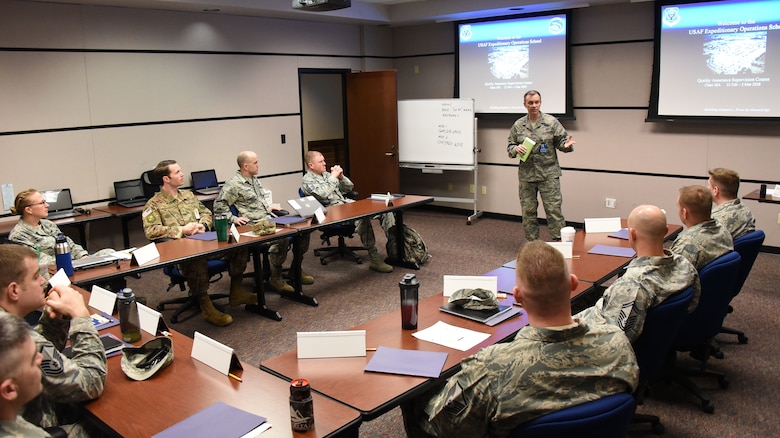 Col. Thomas O’Connell, U.S. Air Force Expeditionary Operations Sschool commander, gives opening remarks to AMC Quality Assurance Supervision Course students on the first day of class at Joint Base McGuire-Dix-Lakehurst, N.J., March 2, 2018. The course was designed to address trending deficiencies in quality assurance supervision by enhancing student’s knowledge in executing the roles and responsibilities of QA superintendents and chief inspectors. (U.S. Air Force photo by Tech. Sgt. Jamie Powell)