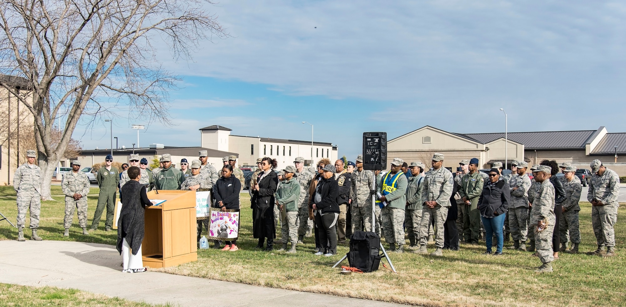 Ikira Peace, guest speaker for the Black History Month Unity Walk, speaks to attendees Feb. 28, 2018, on Dover Air Force Base, Del. The three-quarter mile Unity Walk was hosted by the African-American Heritage Committee in celebration of Black History month here at Dover AFB. (U.S. Air Force photo by Roland Balik)