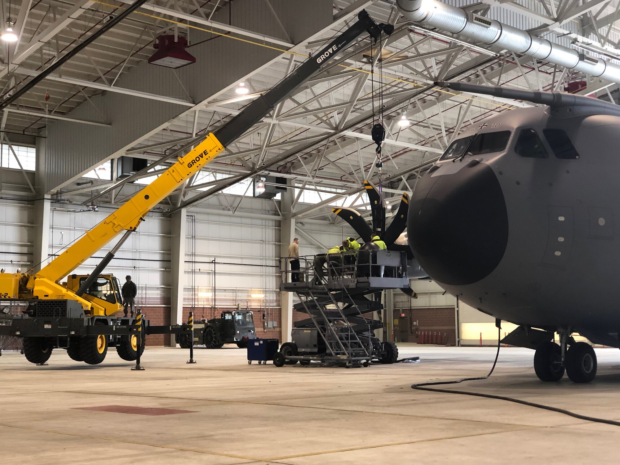 A German Airbus A400M assigned to the 62nd Air Transport Wing of the German Air Force, undergoes a maintenance procedure in a hangar at the 167th Airlift Wing, Martinsburg, W.Va., Feb. 24.