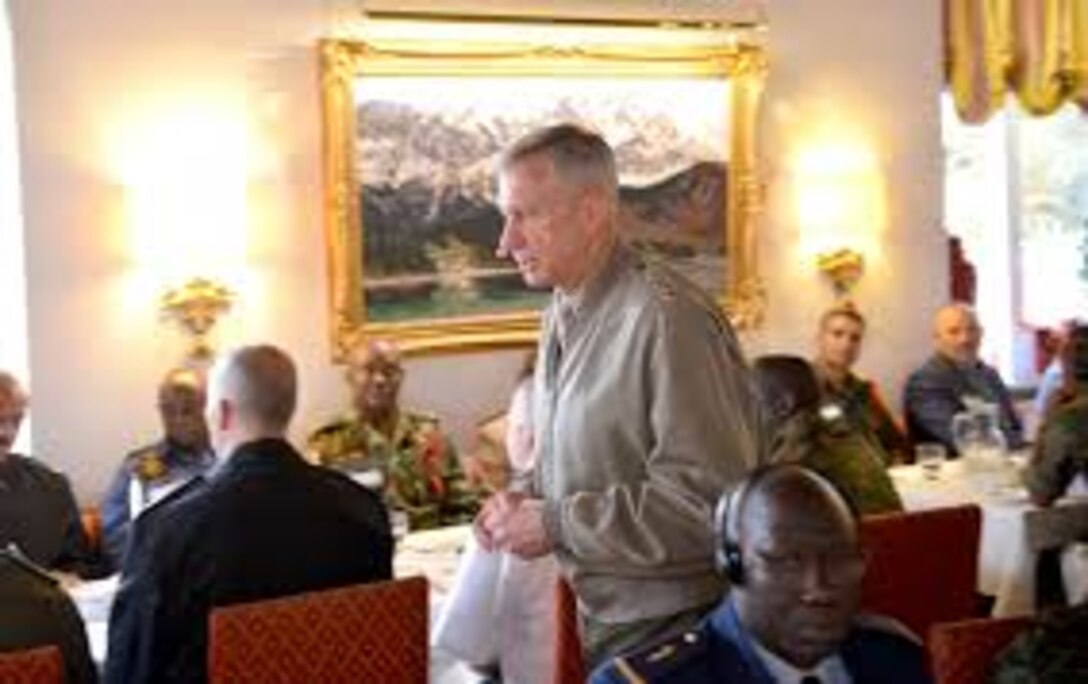 Marine Corps Gen. Thomas D. Waldhauser, commander of U.S. Africa Command, addresses attendees of the first Africa Senior Enlisted Leader Conference in Grainau, Germany, Nov. 8, 2017. The conference brought together senior enlisted leaders from more than 20 African nations and the U.S. to discuss shared challenges and opportunities. Army photo by Staff Sgt. Grady Jones