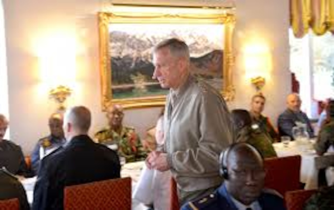 Marine Corps Gen. Thomas D. Waldhauser, commander of U.S. Africa Command, addresses attendees of the first Africa Senior Enlisted Leader Conference in Grainau, Germany, Nov. 8, 2017. The conference brought together senior enlisted leaders from more than 20 African nations and the U.S. to discuss shared challenges and opportunities. Army photo by Staff Sgt. Grady Jones