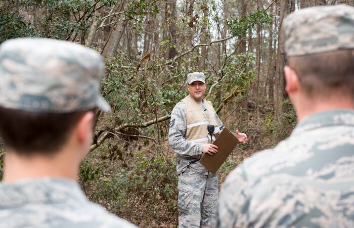 Tech. Sgt. Nick Pompa, 628th Civil Engineer Squadron NCO in charge of emergency management operations, Gives a briefing as part of Mobility Exercise Bold Eagle Feb. 28, at Joint Base Charleston, S.C.