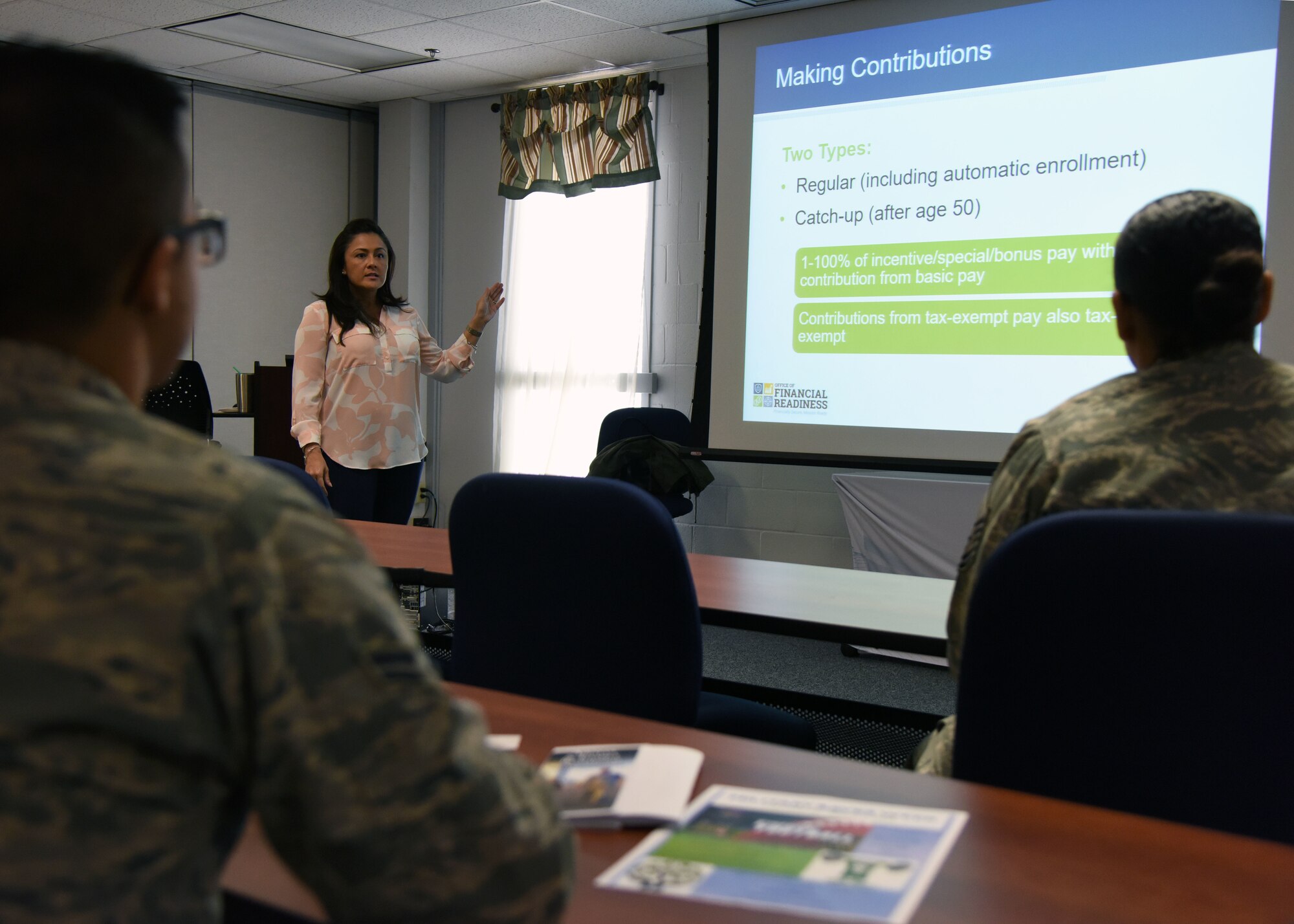 Elizabeth Wilson, personal financial counselor, briefs Airmen on financial savings during a “TSP Lunch N’ Learn with Liza” class at the Sablich Center March 2, 2018, on Keesler Air Force Base, Mississippi. The session was one of three held during military saves week. (U.S. Air Force photo by Kemberly Groue)