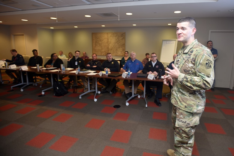 Lt. Col. Cullen Jones, U.S. Army Corps of Engineers Nashville District commander, welcomes Corps employees and state emergency managers present for a water management tabletop exercise Feb. 27, 2018 at the district headquarters in Nashville, Tenn. (USACE Photo by Lee Roberts)