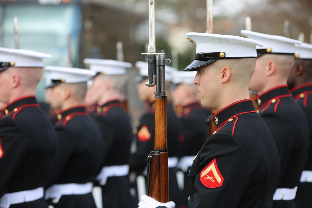 On Feb. 20, 2018, the Marine Band participated in the funeral ceremony for Sgt. Maj. Robert E. Cleary, the 10th sergeant major of the Marine Corps, in Virginia Beach, Va. Cleary, born in Tewksbury, Mass., was the last Korean War veteran to serve as sergeant major of the Marine Corps, a post he assumed on June 28, 1983. (U.S. Marine Corps photo by Master Sgt. Amanda Simmons/released)