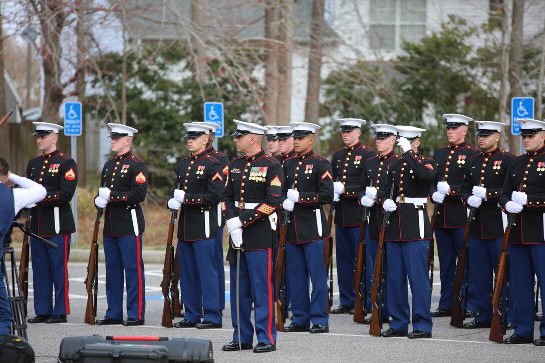On Feb. 20, 2018, the Marine Band participated in the funeral ceremony for Sgt. Maj. Robert E. Cleary, the 10th sergeant major of the Marine Corps, in Virginia Beach, Va. Cleary, born in Tewksbury, Mass., was the last Korean War veteran to serve as sergeant major of the Marine Corps, a post he assumed on June 28, 1983. (U.S. Marine Corps photo by Master Sgt. Amanda Simmons/released)